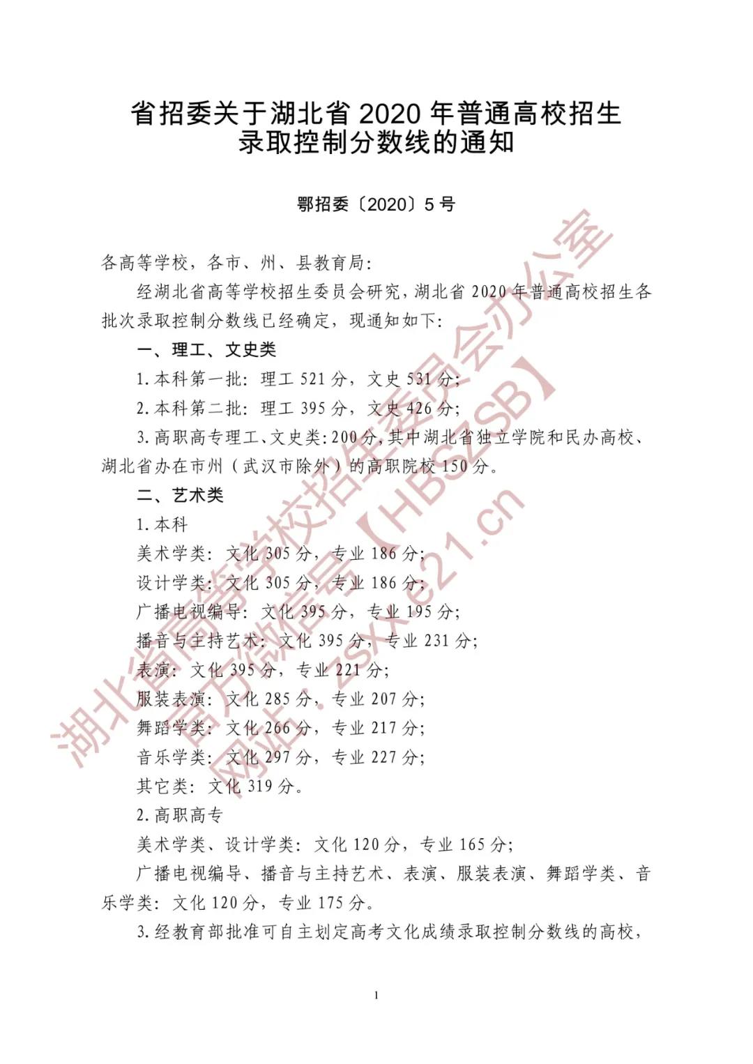 2020湖北高考分数线一览表（一本、二本、专科录取控制分数线）